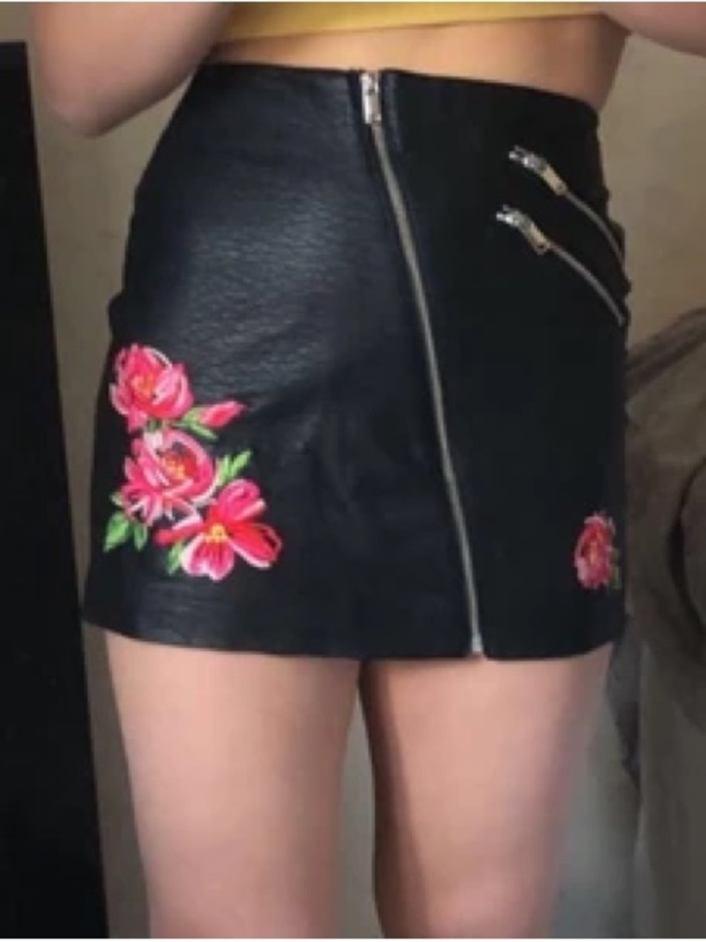 H&M Black Faux Leather Mini Skirt with Pink Floral Embroidery